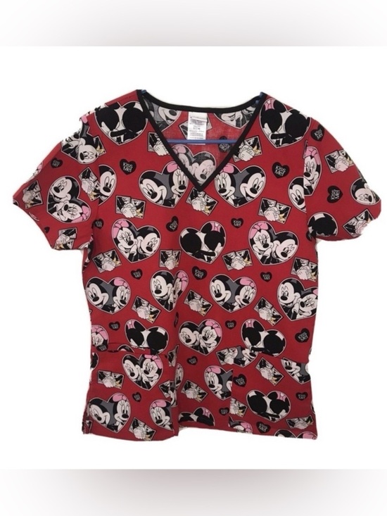 Disney Tops - Disney Mickey & Minnie Mouse Heart Scrub Top XS Red Kiss XOXO V-Neck